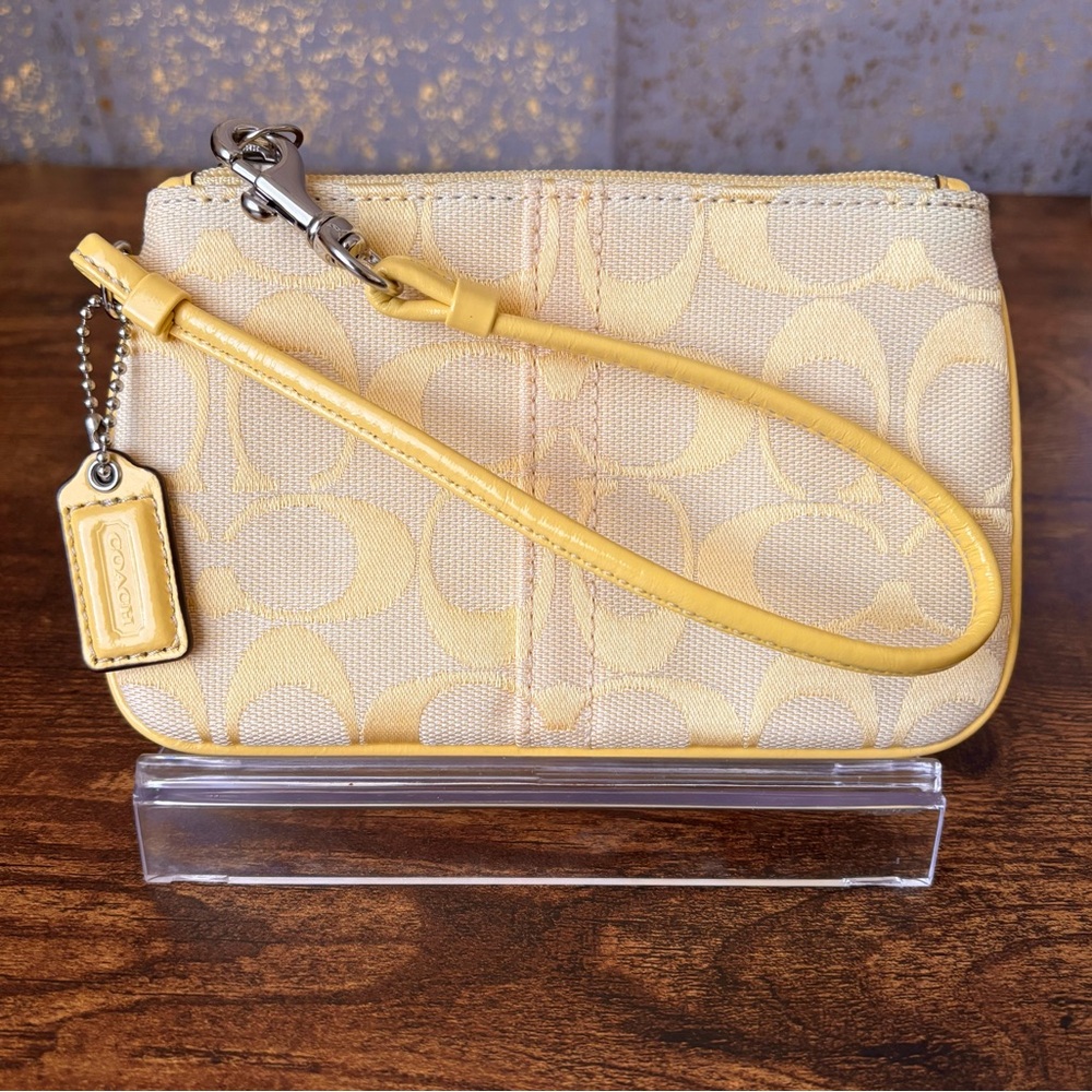Coach Signature Monogram Patent Leather Trim Wristlet in Sunshine Yellow